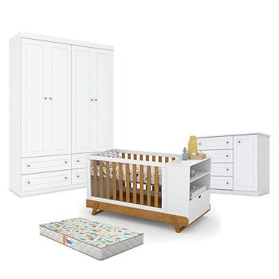 Quarto De Bebê Americano 4 Portas Com Berço Multifuncional Bkids Branco Freijó Eco Wood - Matic - Henn E Colchão Gazin