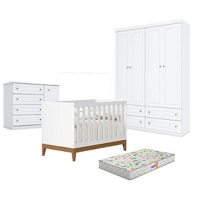 Quarto De Bebê Americano 4 Portas Com Berço Americano Flip Branco Acetinado Reller E Colchão Gazin - Henn