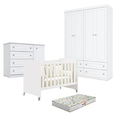 Quarto De Bebê Americano 4 Portas Com Berço Americano Evolution 4 Em 1 Branco Acetinado Reller E Colchão Gazin - Henn