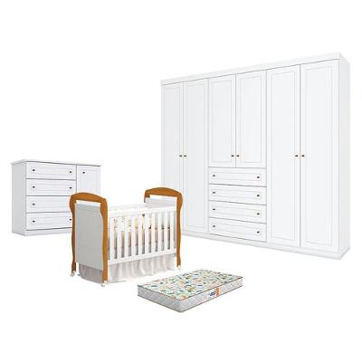 Quarto De Bebê Americano 6 Portas Com Berço Danny Branco Acetinado Savana Reller E Colchão Gazin - Henn.