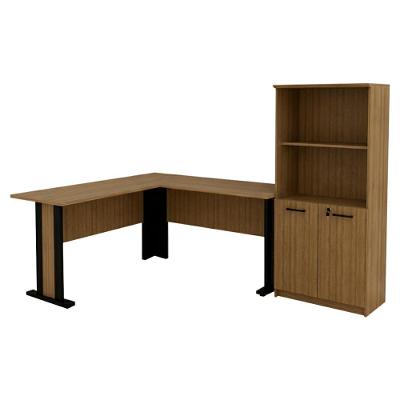 Mesa Escrivaninha De Canto Armario Para Escritorio 02 Portas Amendoa Preto Tecno Mobili