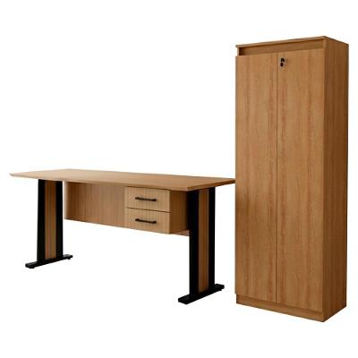 Mesa De Escritorio 2 Gavetas Armario Multiuso 2 Portas Com Chave Amendoa Preto Tecno Mobili