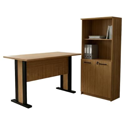 Mesa Escrivaninha 117 Cm Armario Escritorio 02 Portas Com Chave Amendoa Preto Tecno Mobili