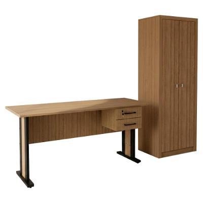 Mesa De Escritorio 2 Gavetas Armario Multiuso 2 Portas Amendoa Preto Tecno Mobili