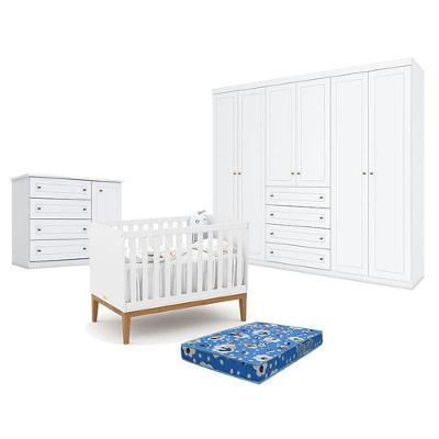 Quarto De Bebê Americano 6 Portas Com Berço Americano Unique Branco Soft Eco Wood - Matic - Henn E Colchão Tendtudo