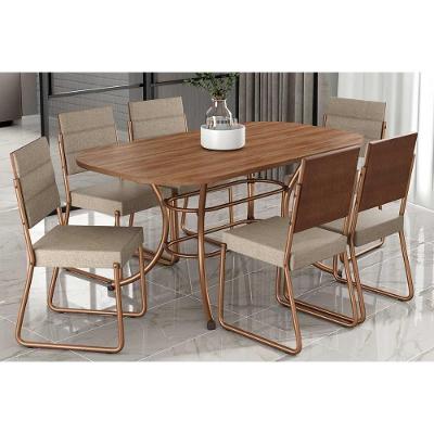 Sala De Jantar Completa 1547 Aço C- Tampo Madeirado 160x90cm E 6 Cadeiras 1736 Freijo-rose-cobre-linho Areia - Carraro