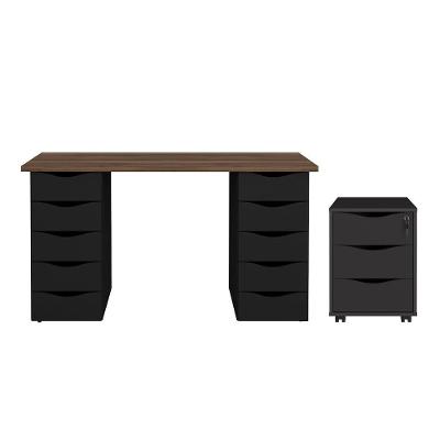 Conjunto Escrivaninha E Gaveteiro Rostock Nogal Preto