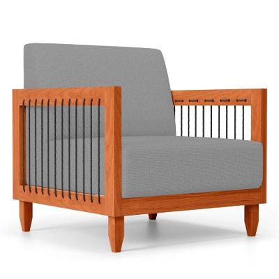 Poltrona Decorativa Varanda Samoa Madeira Maciça Com Cordas Náutica Linho Cinza - Abmaza