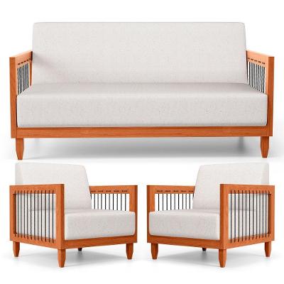 Kit 02 Poltronas E 01 Sofá Samoa Madeira Maciça Com Cordas Náutica Linho Natural - Abmaza