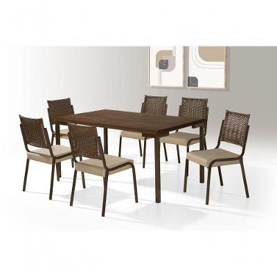 Conjunto Mesa Jantar + 6 Cadeira Rainha Junco Tampo Tinto Trendi Tubo Chocolate