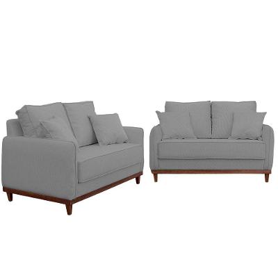 Kit Sofa Sena 2 E 3 Lugares Base De Madeira Para Sala Hotel Linho Cinza