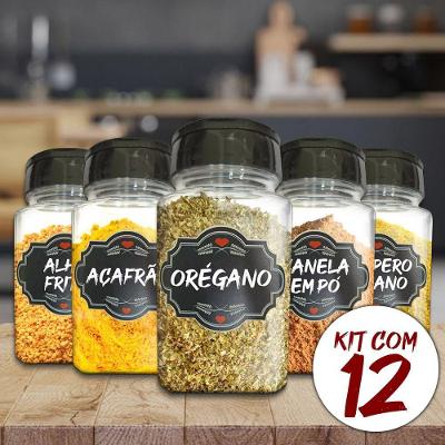 Pote Tempero Kit Potes+24 Etiquetas Adesivas Porta Condimento Q170 Titulo 12 Potes + Etiqueta Preta