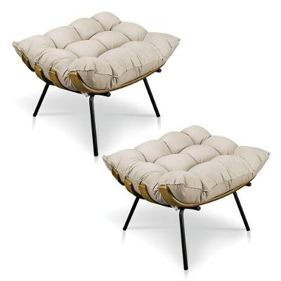 Kit 2 Puffs Costela Veludo Bege Base Metálica Pallazio