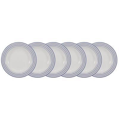 Conjunto de Pratos Fundos Paula 6 Peças Porcelana Estilo Linear Branco Azul Marinho e Marrom Claro