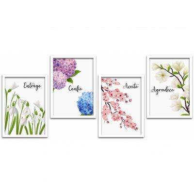 Conjunto Quadros Decorativos 4 peças 20x30 Flores e Frases