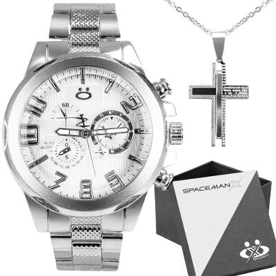 Relogio Masculino Aço Inox + Cordão Corrente + Cordão Pingente Cruz + Caixa Original Presente Social