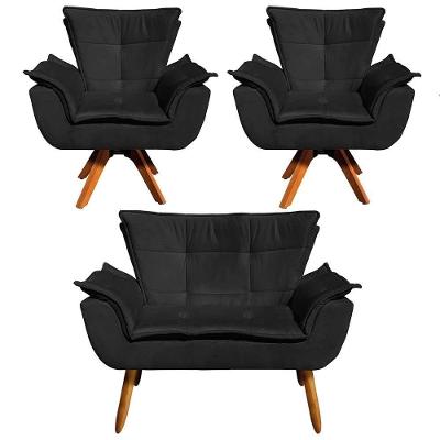 Kit Namoradeira E 2 Poltronas Base Giratória Madeira Preto