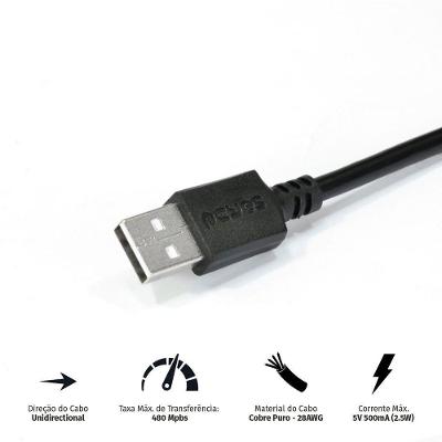 Cabo Extensor Usb A 2.0 Macho Para Usb A 2.0 Fêmea 2 Metros