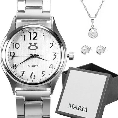 Relogio Feminino Aço Inox Prata + Colar Brincos + Caixa