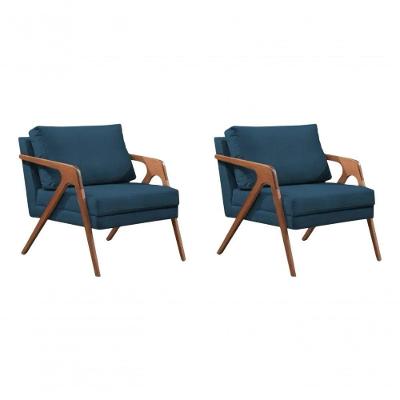 Poltrona Decorativa Mona Luxo Base De Madeira Maciça Sala Recepção Veludo Azul Marinho Do Lar Móveis E Decoração