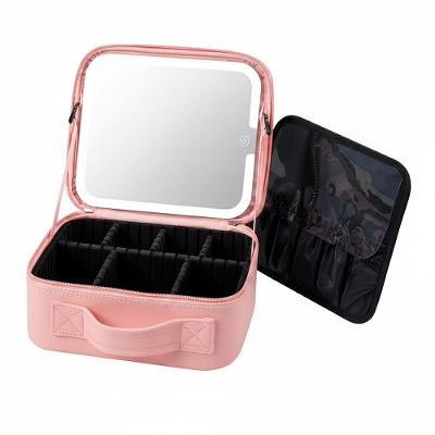Maleta De Maquiagem Com Espelho Led Removível Rosa – Organizador Profissional Com 7 Compartimentos Rosa