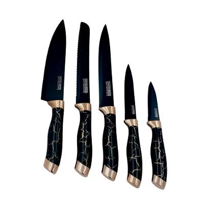Conjunto 5 Facas Estilo Mármore Suporte Cozinha Utensílios - preto