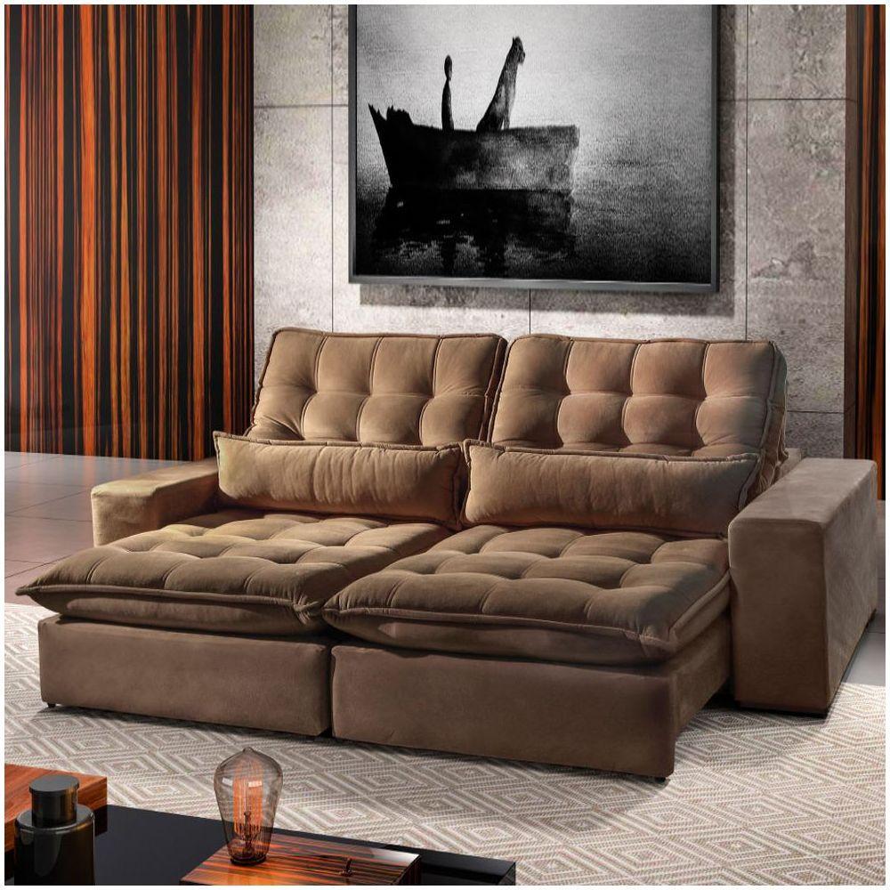Sofá 4 Lugares Retrátil Bruna 2,50m Veludo - Móveis Mix Marrom Havana - 1