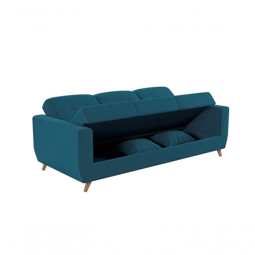 Sofá Cama Casal Reclinável Com Baú Pamela - Veludo Turkey Petroleo - 4