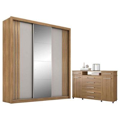 Cômoda London E Guarda Roupa Casal Moema Amêndola Nude Flex Com Espelho - Demóbile
