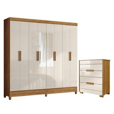 Guarda Roupa Casal com Cômoda Marajó 8 Portas Giratórias 2 Gavetas MDP Freijó Off White Brilho