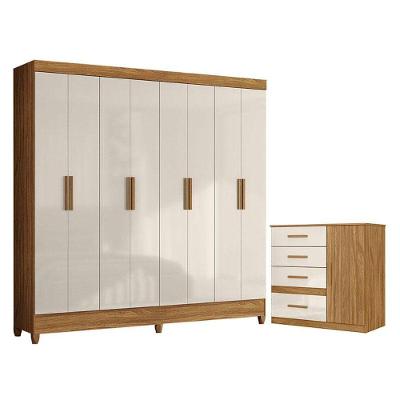 Guarda Roupa Casal e Cômoda Marajó Vênus 8 Portas 2 Gavetas MDP Freijó Off White Brilho
