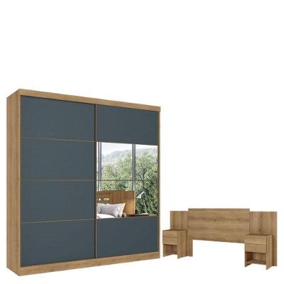 Guarda Roupa Casal Malaga Glass 2 Portas Capuccino Azul E Cabeceira Com Mesas De Cabeceira Formosa Capuccino  - Thb
