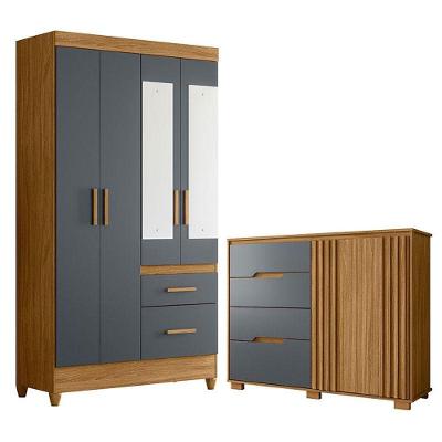 Guarda Roupa Solteiro Madri Com Espelho E Cômoda Texas Freijó Cinza - Moval