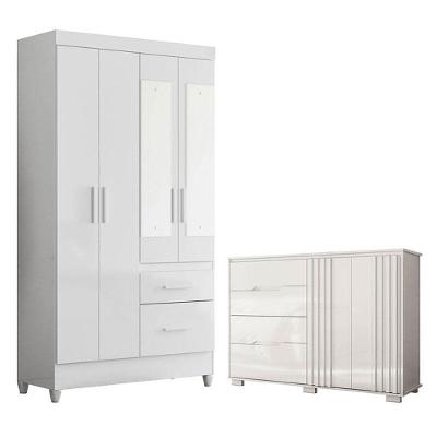 Guarda Roupa Solteiro Madri Com Espelho E Cômoda Texas Branco Brilho - Moval