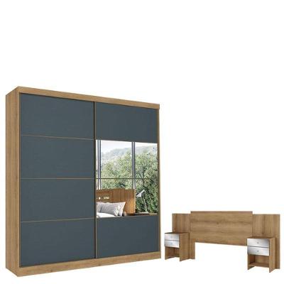 Guarda Roupa Casal Malaga Glass 2 Portas Capuccino Azul E Cabeceira Com Mesas De Cabeceira Formosa Glass Capuccino - Thb