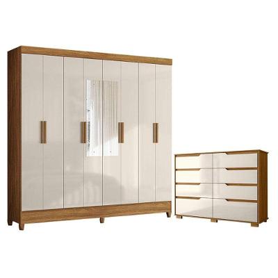Guarda Roupa Casal com Cômoda Marajó 8 Portas de Bater 2 Gavetas MDP Freijó Off White Brilho