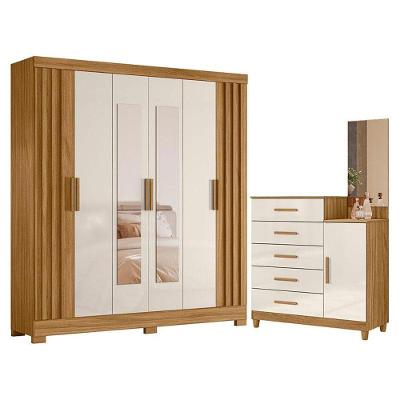 Guarda Roupa Casal Valença 6 Portas Giratórias 2 Gavetas em MDP com Espelho Freijó Off White Brilho
