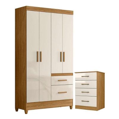 Guarda Roupa Solteiro e Cômoda Madri Ms913 4 Portas Giratórias 2 Gavetas Mdp Freijó Off White Brilho