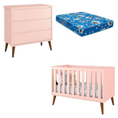 Berço Americano E Cômoda Infantil Gaveteiro Theo Rosa Pés Amadeirados Com Colchão - Reller