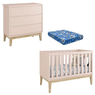 Berço Americano Com Colchão E Cômoda Gaveteiro Classic Rosa Pés Madeira Natural - Reller
