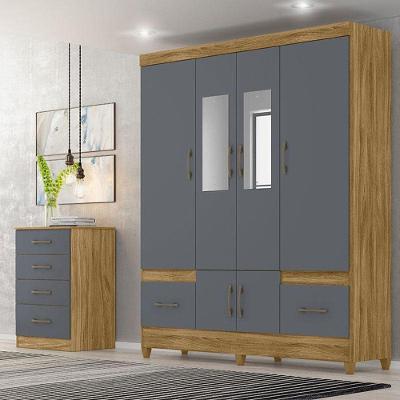 Guarda Roupa Casal Ambiente Ms912 Com Espelho E Cômoda Ms913 Freijó Cinza - Moval