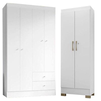 Guarda Roupa Solteiro Versa 4 Portas Branco Rosa Flex Fosco Com Armário Multiuso Luna Branco Fosco - Kits Paraná