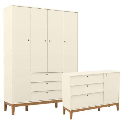 Cômoda Sapateira E Guarda Roupa Unique 4 Portas Off White Eco Wood