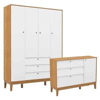 Cômoda Sapateira E Guarda Roupa Unique 4 Portas Freijó Branco Soft Eco Wood - Matic