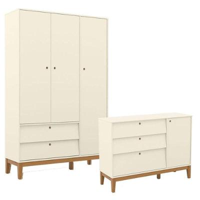 Cômoda Sapateira E Guarda Roupa Unique 3 Portas Off White Eco Wood