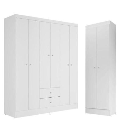 Guarda Roupa Solteiro Versa 6 Portas Branco Rosa Flex Com Armário Multiuso Aura Branco - Kits Paraná