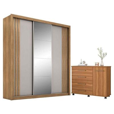 Cômoda e Guarda Roupa Casal Flora Moema 4 Portas de Correr 2 Gavetas em MDP com Espelho Amêndola