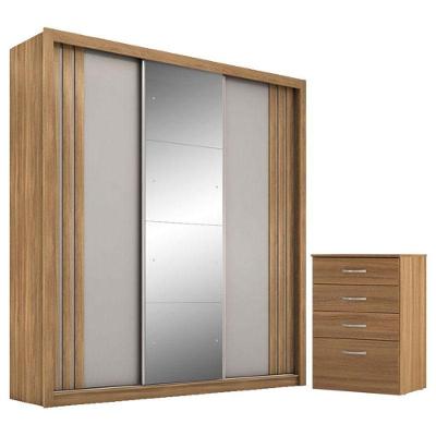 Cômoda e Guarda Roupa Casal Astral Moema 3 Portas de Correr 2 Gavetas MDP Amêndola Nude e Touch Flex