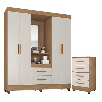 Guarda Roupa Casal Capela E Cômoda 4 Gavetas Lite Nature Off White - Móveis Leão