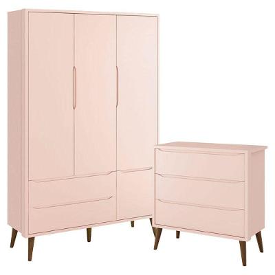Cômoda Infantil Gaveteiro E Guarda Roupa 3 Portas Theo Rosa Com Pés Amadeirados - Reller